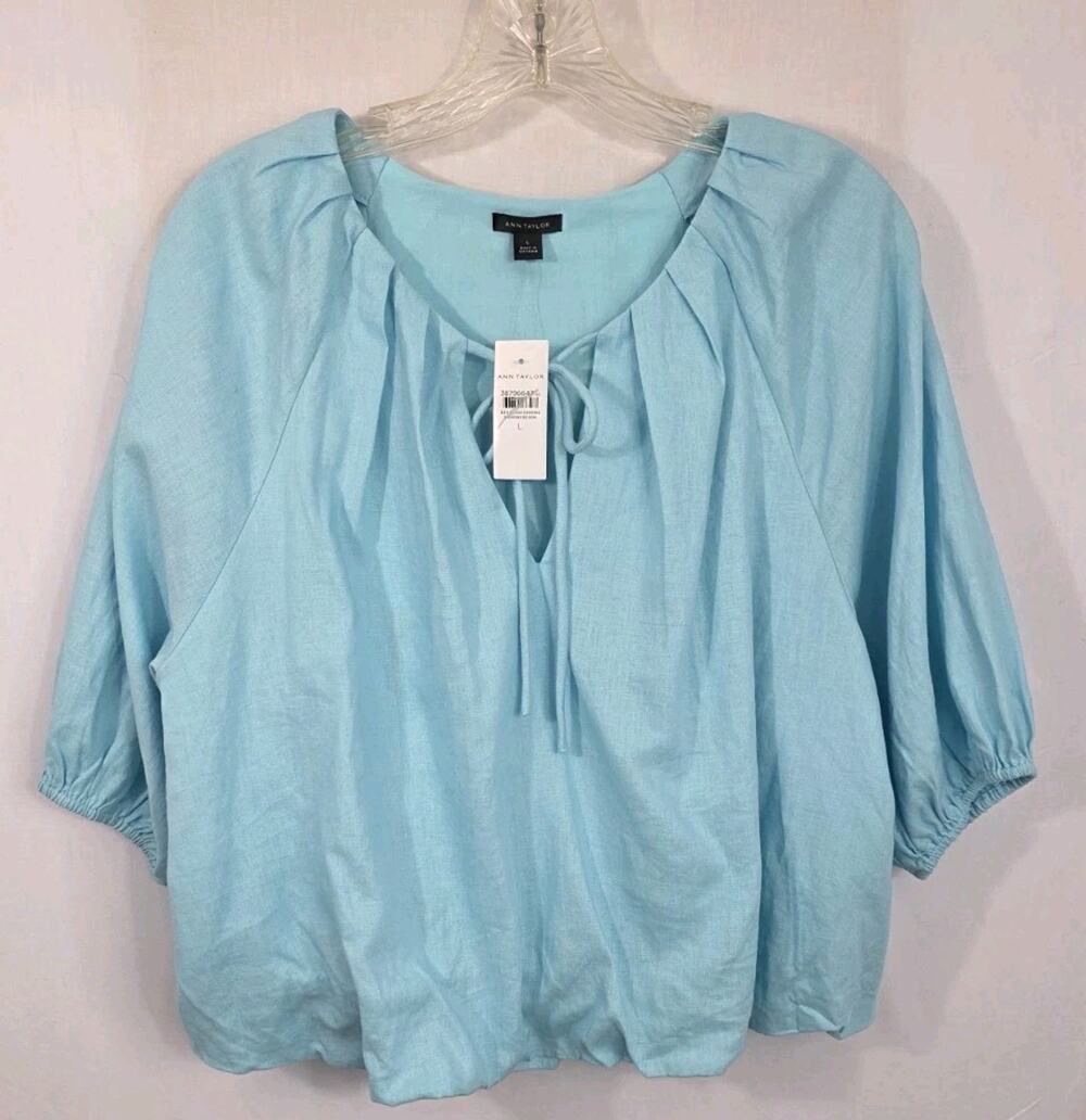 NWT Ann Taylor Lg Aqua Blue Linen Blend Top Balloon Hem Keyhole Tie Neck Lined